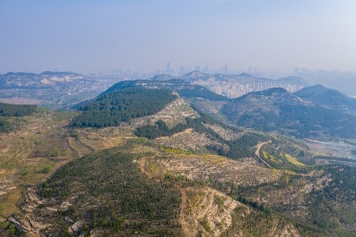 徒步济南藏龙涧群山连绵起伏山坡上绿意盎然