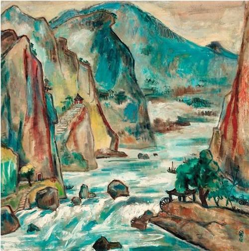 这幅画名叫《石门》,是画家关良所绘制的一幅山水油画.