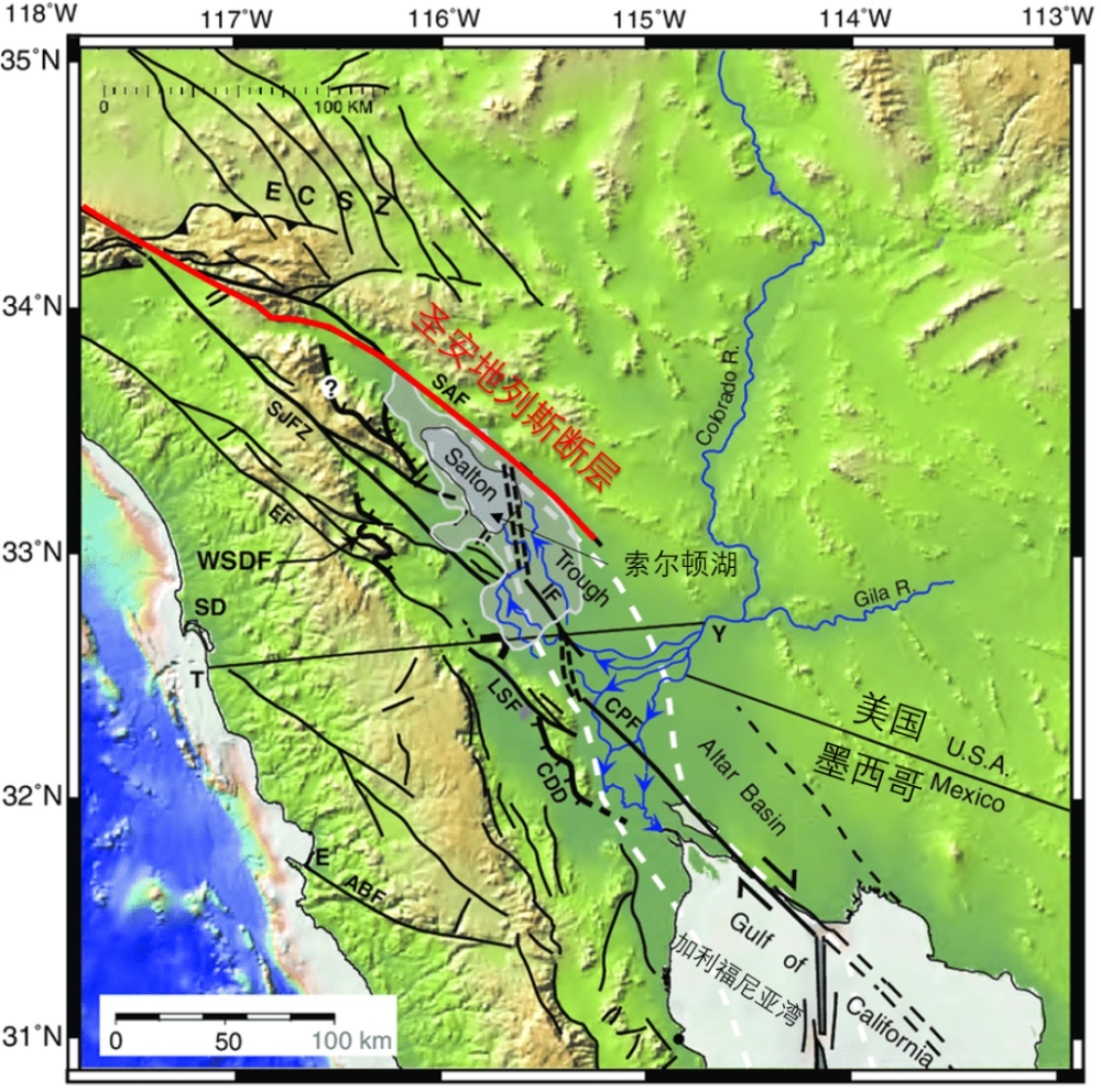 美墨边境索顿湖地区的断裂分布简图  索顿湖恰好位于圣安地列斯断层