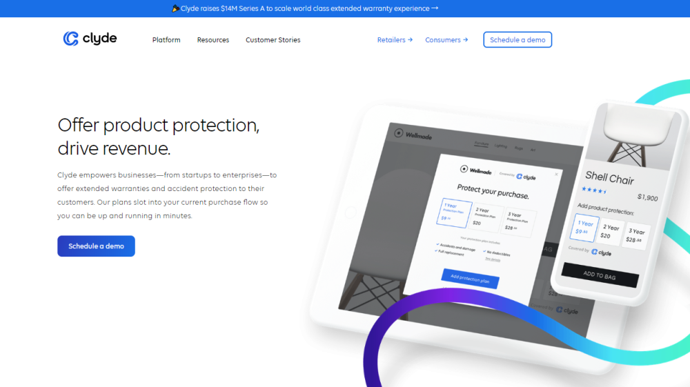 “Clyde”连接小型零售商和保险公司，为消费者提供产品延保服务