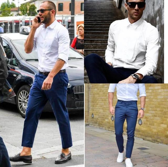 白色长袖衬衫搭深蓝色休闲裤,配休闲皮鞋或小白鞋露出脚踝,满满的性感