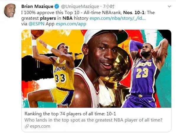美媒2020NBA历史排名_美媒重排NBA历史50大巨星:詹皇威少合理,小卡字母高(2)