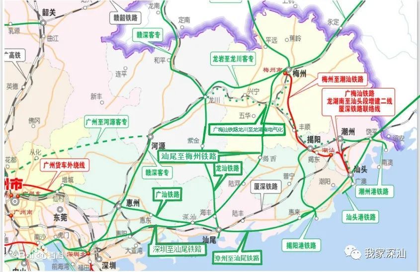 深汕站铁路站场平面布置示意图显示深汕高铁站将会引入梅州至深汕铁路