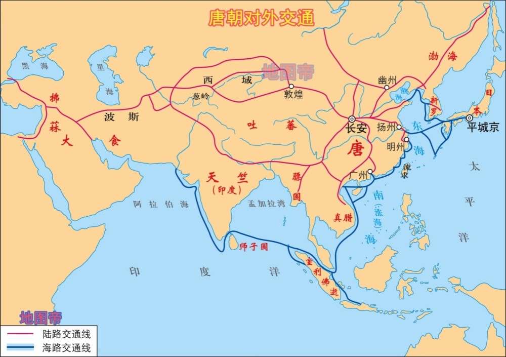 图-唐朝对外交通线路示意图大唐帝国强势崛起的同时,横跨欧亚非三大洲