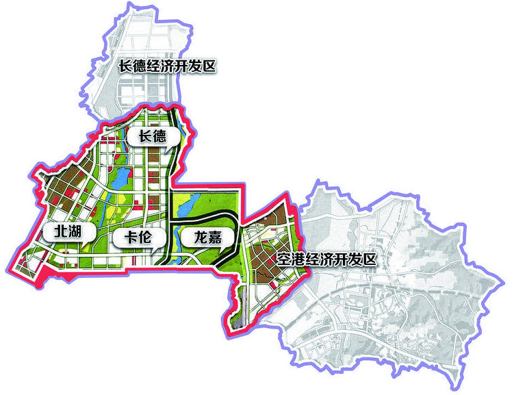 北湖,长德,卡伦,龙嘉,空港;区域布局涉及到:打造跨境电商等新业态.