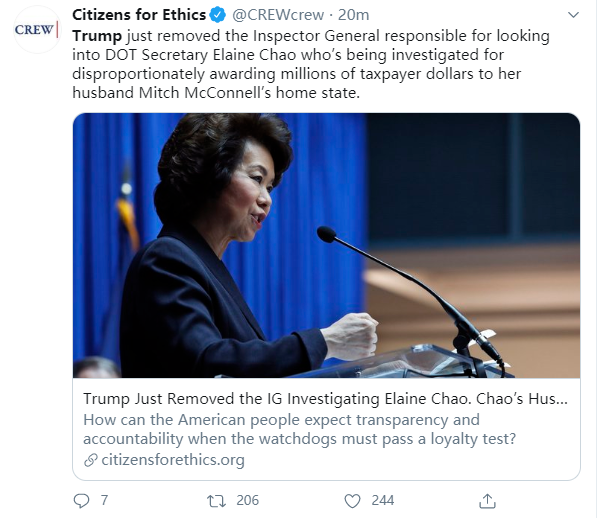 美交通部长赵小兰涉嫌滥用职权遭调查 特朗普被指公然袒护 美国 时政 特朗普 赵小兰 交通部 米奇 麦康奈尔