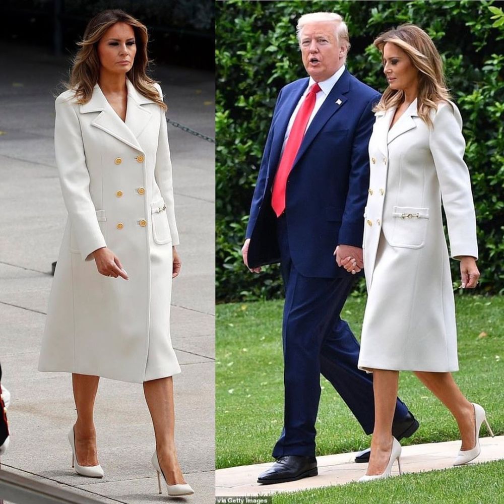 梅拉尼娅穿白色古驰外套亮相难脱模特脂粉气和总统丈夫表情迷离