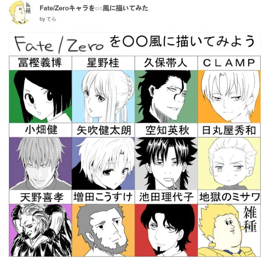 首先看到的是《fate/zero》这部作品中的角色,变成不同漫画家画风的