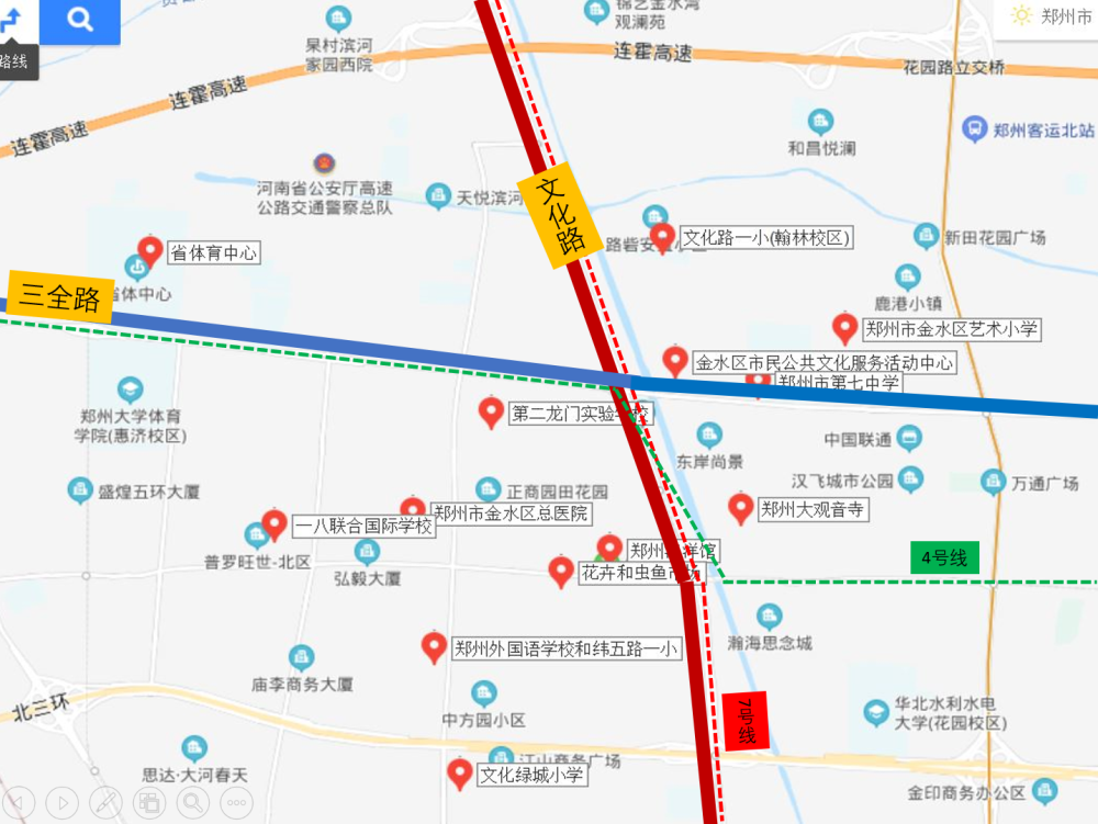 北三环东西高架,连霍高速文化路上下口,三全路连接高新区,老城,郑东