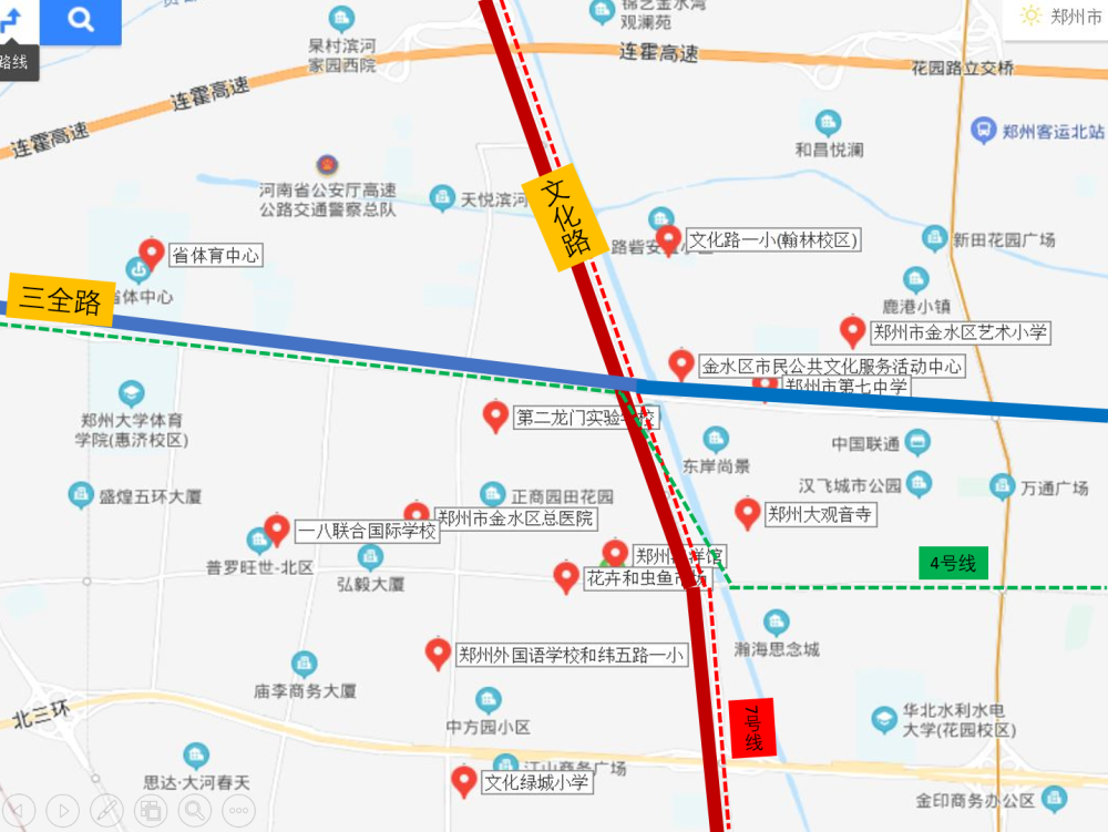 上下口,三全路連接高新區,老城,鄭東新區的主幹道;文化路南到二七廣場