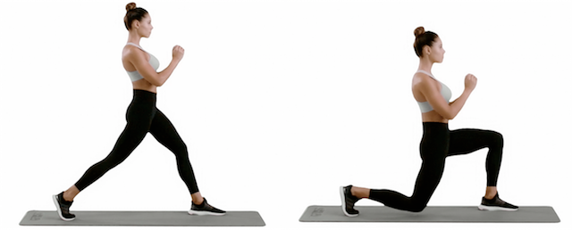 前后脚尖都朝正前方,核心收紧,脊柱中立,上半身微微前倾,腰部不要塌