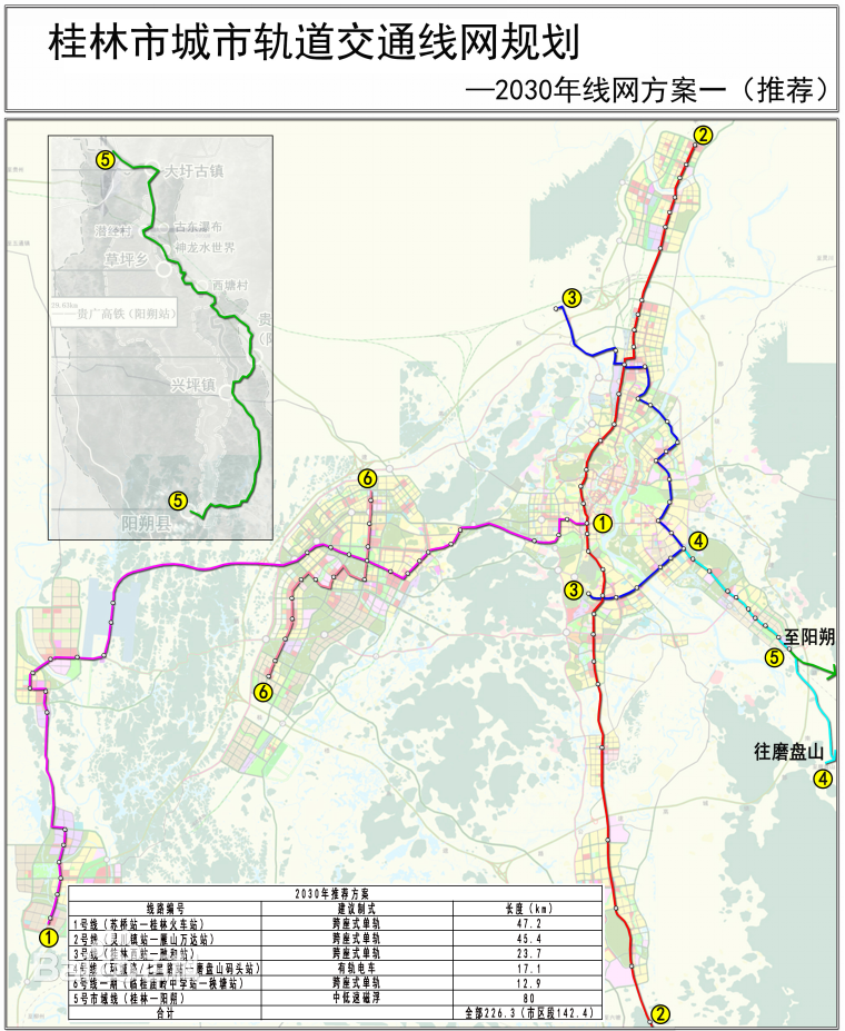 桂林轨道交通线网规划共由7条线路组成,线网总长约273.2km,市区段189.