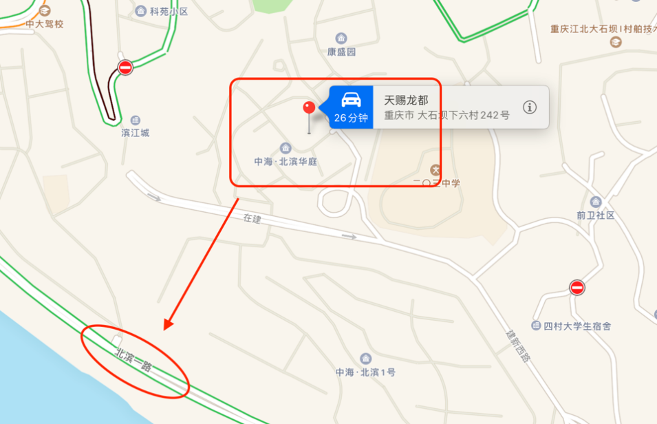 我先在地图上看了看天赐龙都的位置,离北滨一路还比较近,旁边则是中海