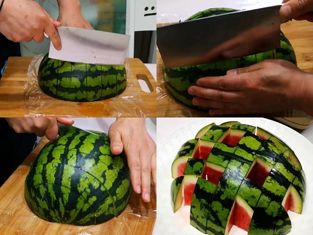 2,把西瓜切面向下,横向切几刀,西瓜的厚度一定要切均匀.