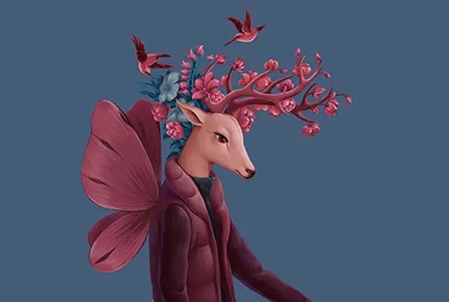 a,鹿的头 b,人的身体 c,两只鸟儿 d,蝴蝶的翅膀