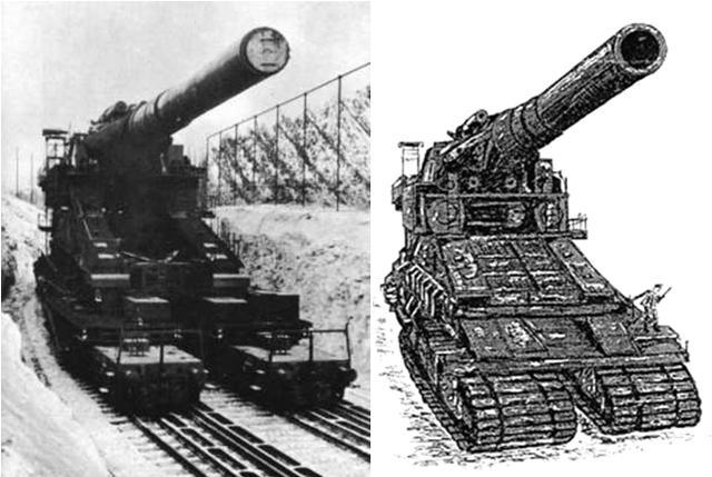 这是"古斯塔夫"列车炮(左)与设想中的p1500"怪兽"(右)从正面同一