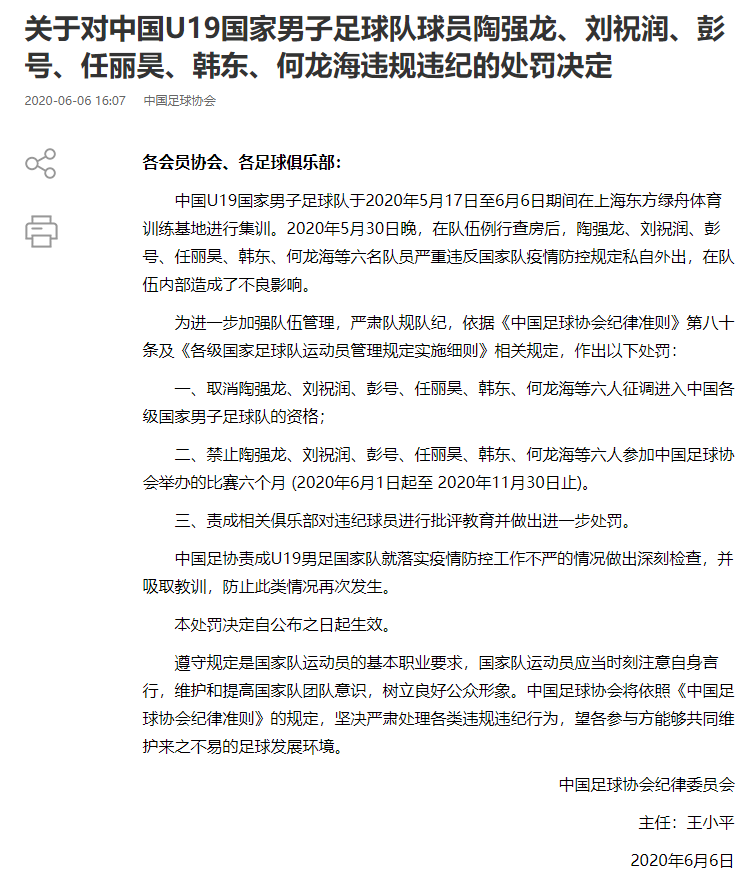 6名国青球员摊上大事了 取消入选国字号资格 禁赛6个月 腾讯新闻