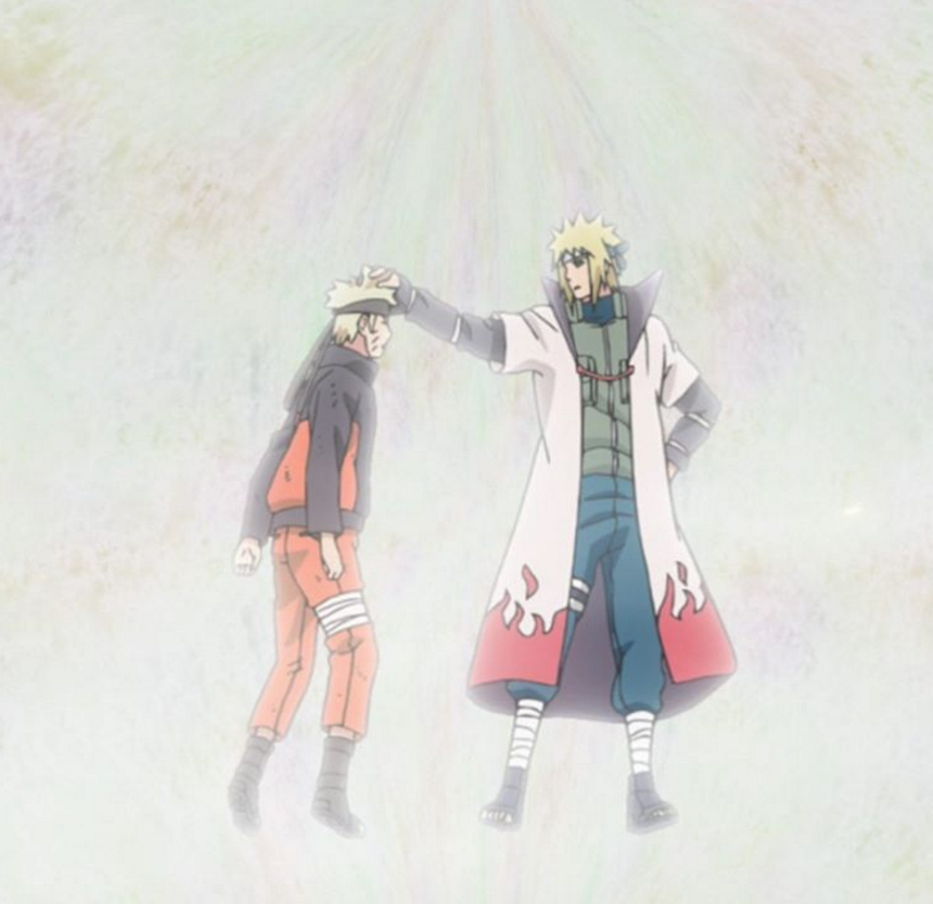 接着水门温柔地抚摸着儿子鸣人的头,满屏父子情深的温馨感