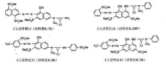 综观这些p型印花活性染料中除了三元色及少数活性染料,公开分子结构式