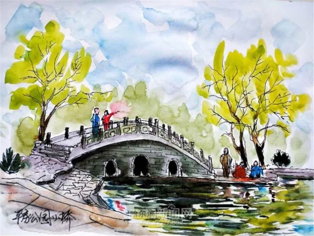冰城老人用钢笔淡彩手绘家乡风景