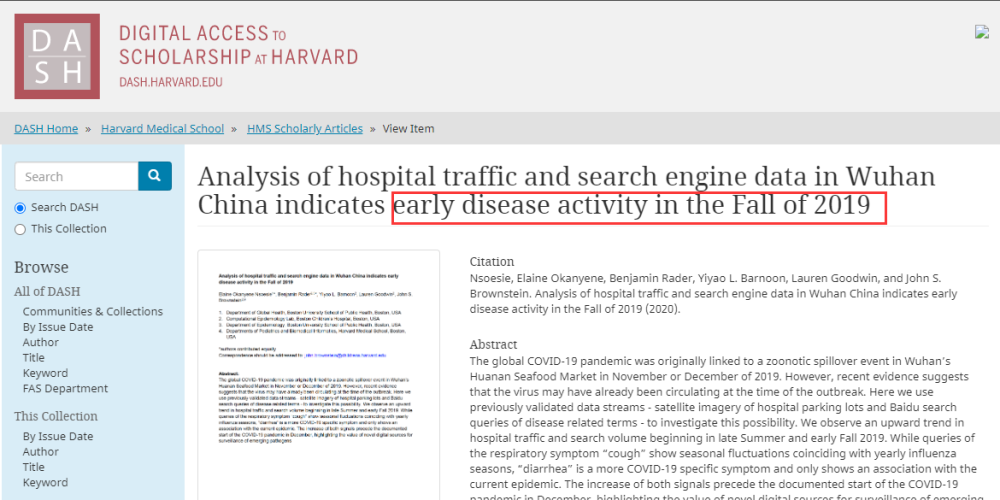 哈佛大学论文称新冠病毒去年秋在武汉传播，论据漏洞百出