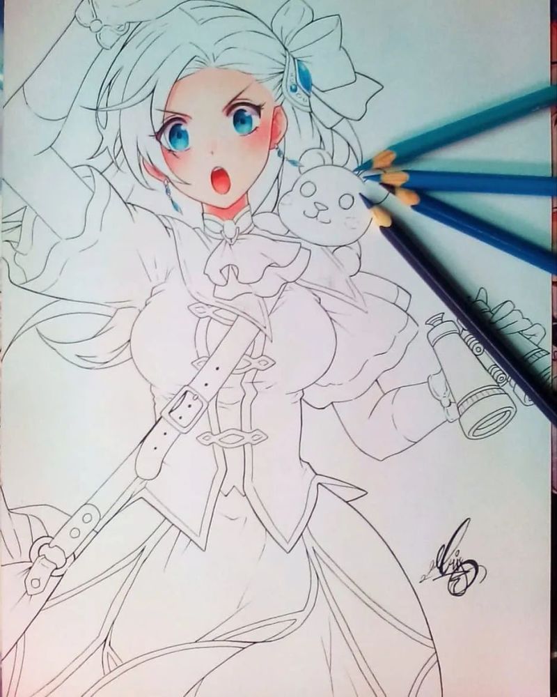 彩铅上色可爱女生彩铅动漫人物手绘插画