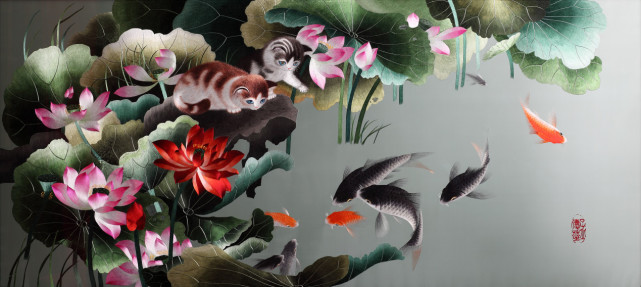 蜀绣《荷花猫鱼》.由主办方供图