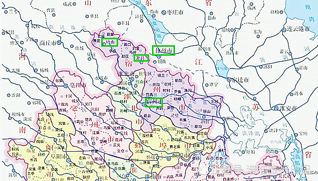 安徽蕭縣,碭山縣以及江蘇徐州市和安徽宿州市位置示意圖