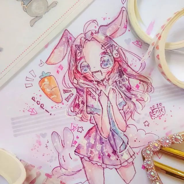 馬克筆手繪粉色系少女心元素動漫插畫