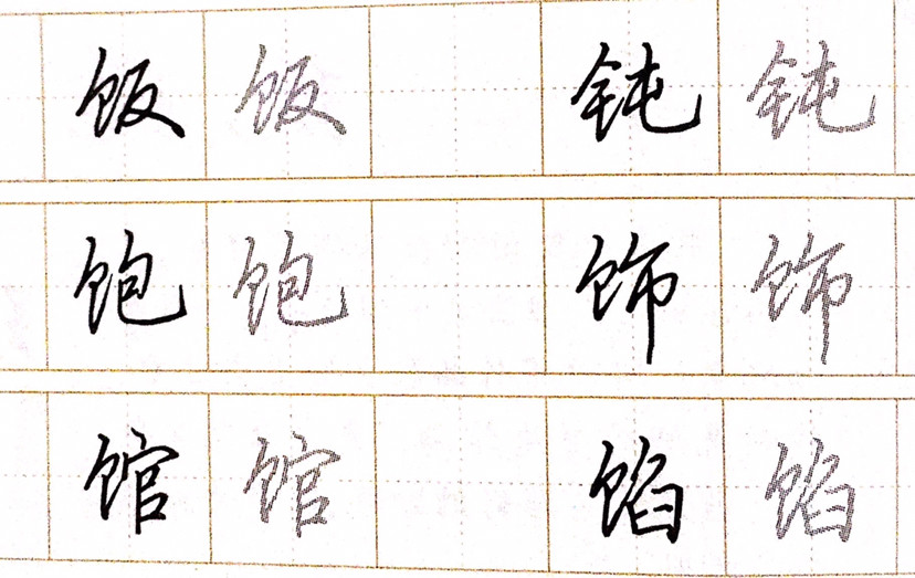 8,衣字旁:首點高揚,橫筆向左伸長,豎筆要短,撇,點改作撇提,整體斜而不