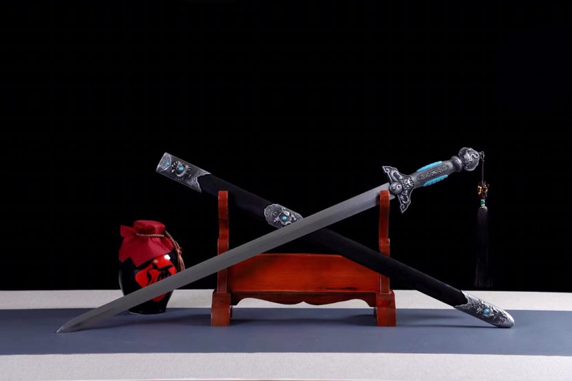 百炼钢-龙王剑,手工锻造百炼花纹钢,乌木鞘