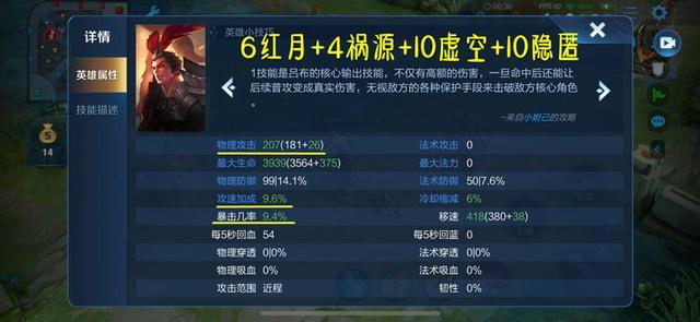 2%的攻速阈值,铭文选择带:10隐匿 10虚空 4祸源 6红月,我们得到的吕布