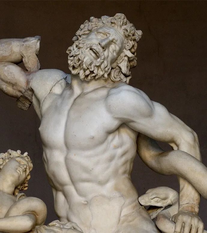 拉奥孔的幼子几乎被蛇卷倒,他举起左手企图呼救,右手无力地抓着咬住他