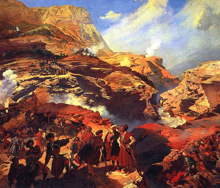 车臣军队在山区战斗1858年,俄军攻占了战略要地阿尔贡峡谷,并在次年
