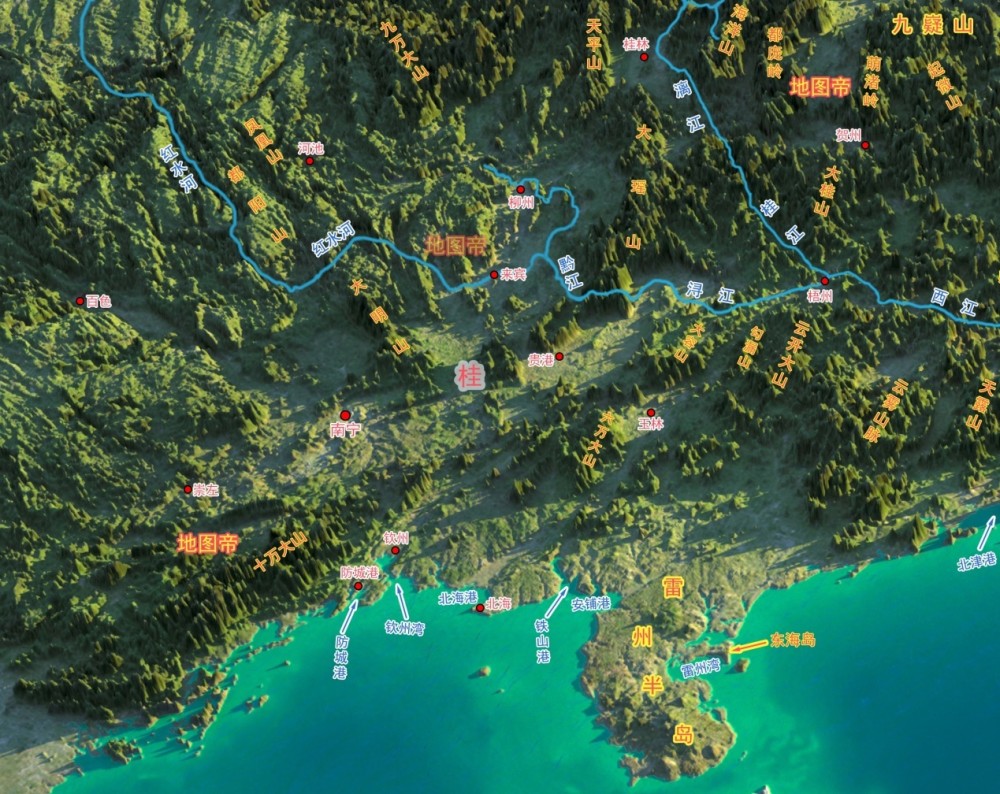 图-广西地形图华南地区的河流非常多,加上华南地区位于南方,堪称是四