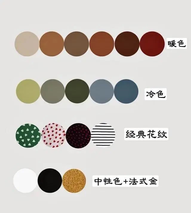 法式穿搭的配色原则,以中性色为核心,暖色和中性色交替为主色,冷色系