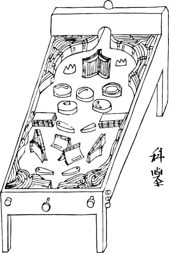 科举:一张略微倾斜的弹球机桌子.