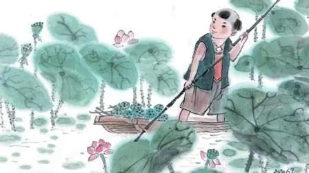 他不知道怎么掩藏踪迹,水面的浮萍(水生植物)上留下了一条船儿划过的