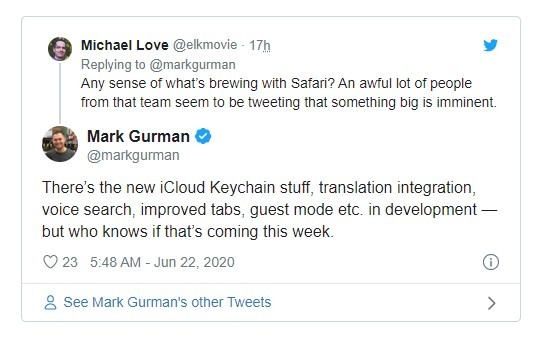 苹果ios 14中的safari将附带语音搜索和内置翻译功能 苹果 Mark Gurman Iphone Safari 苹果ios14 语音搜索