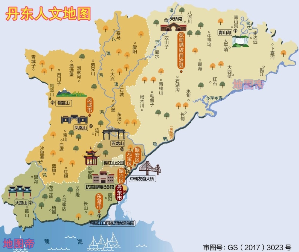 省丹東市人文地圖盤錦,位於錦州與營口之間,面積只有約4100平方公里