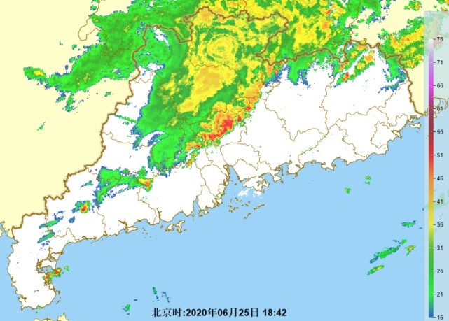 从雷达回波图看,大范围降雨已经到达广东,主要集中在韶关,清远,肇庆