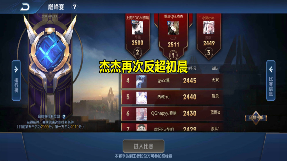 巅峰榜打架，QG杰杰与初晨轮番上榜一，到底谁更强？