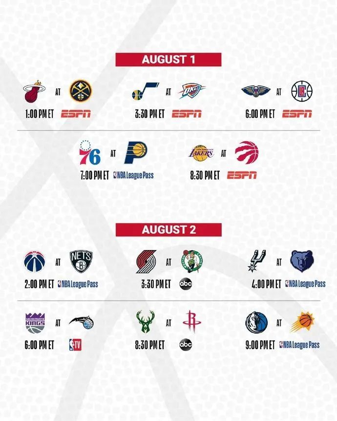 nba发布复赛赛程:7月31日开赛