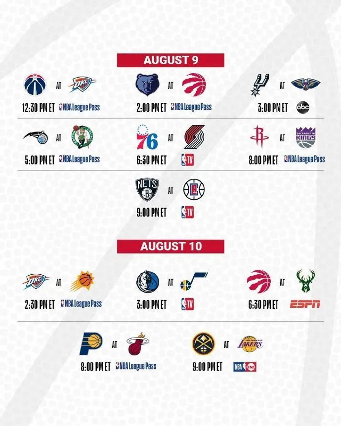 nba发布复赛赛程:7月31日开赛