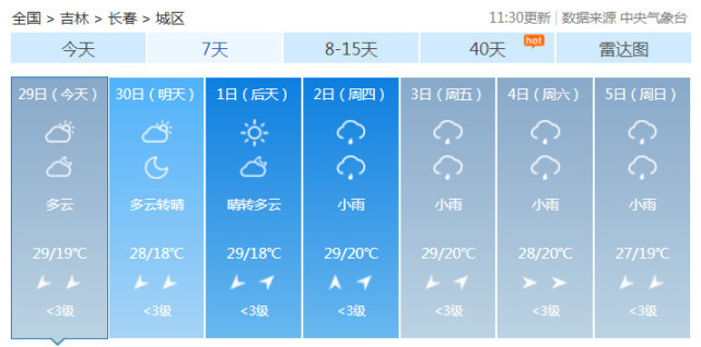 年6月29日12时 吉林省未来三天全省天气预报 吉林