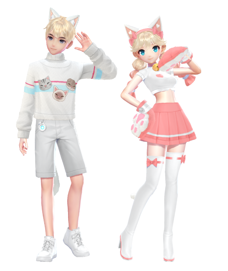 胸前三个猫咪图案可爱纯真;女装露脐短袖衫搭配百褶小短裙青春靓丽