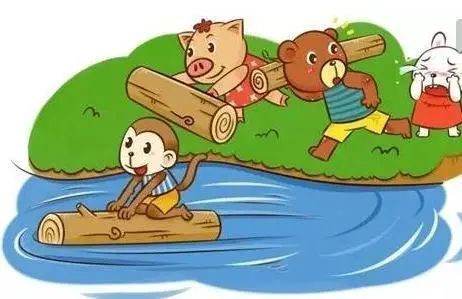 如下图所示,看图写话提示:图片中的小猴子,小猪,小熊都有木头可以过河