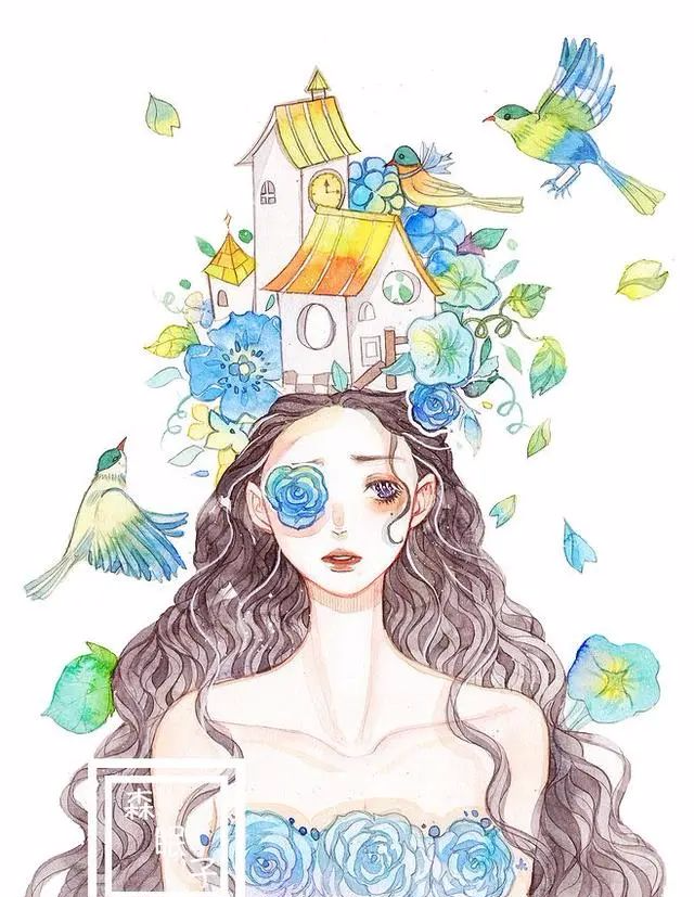 水彩插画 一组富有想象力的水彩漫画少女 水彩 插画
