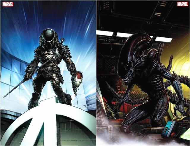 第一张,铁血战士站在复仇者联盟大厦上,拎着钢铁侠的头盔.