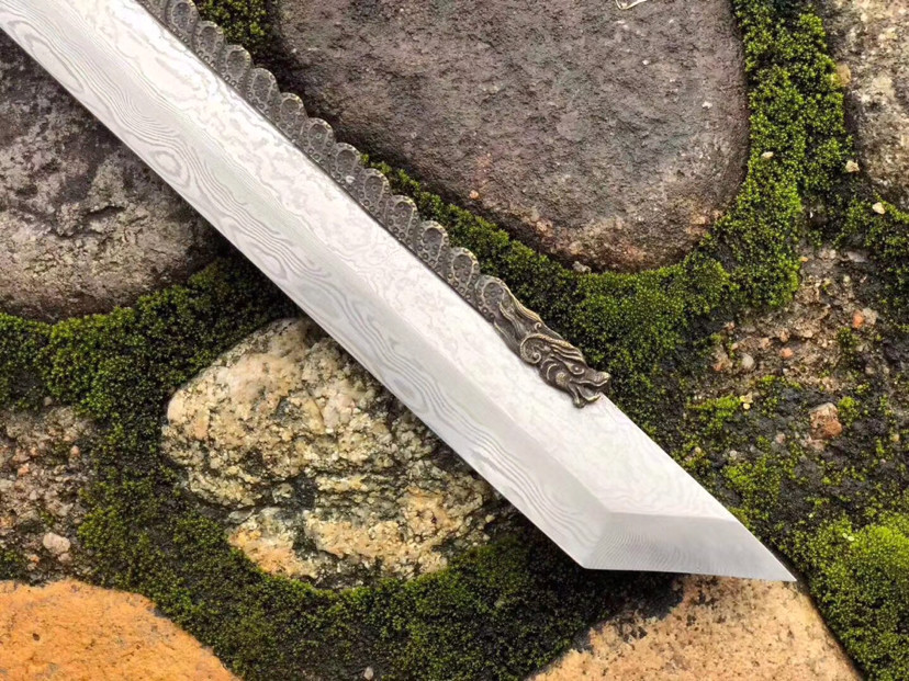 手工|素装龙背小唐刀，手工浮雕全黄铜龙形图案刀夹一体